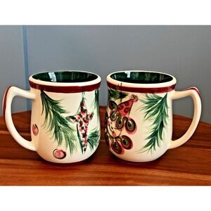Gail Pittman Holiday Mugs Set of 2 Hand Painted 1997 Christmas Green Wine USA